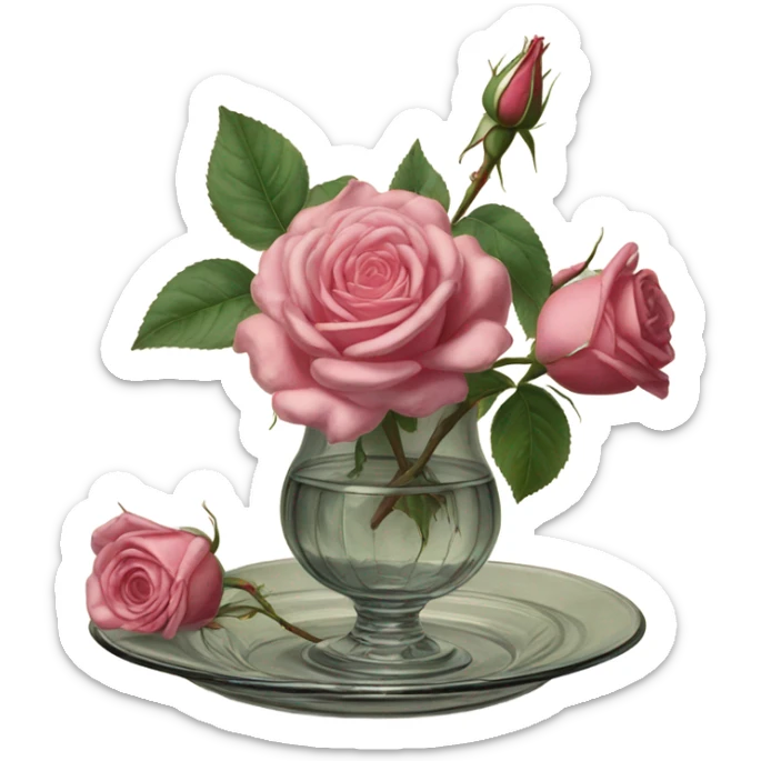 Drawing of roses on an antique glass and saucer sticker