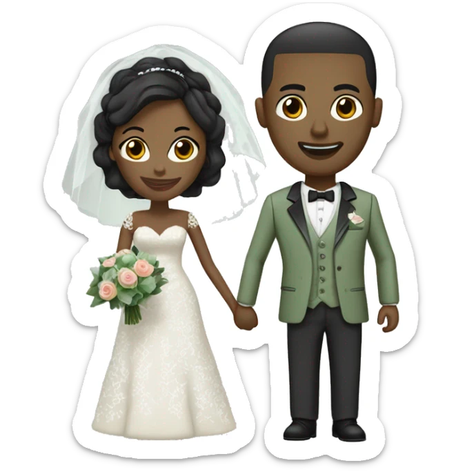 Black Wedding couple. Bride has black hair pinned up. She wears lace dress. She has dark brown eyes. Groom has sage green suit and sage green vest. He is bald headed. He has a bread. He has dark brown eyes too. sticker