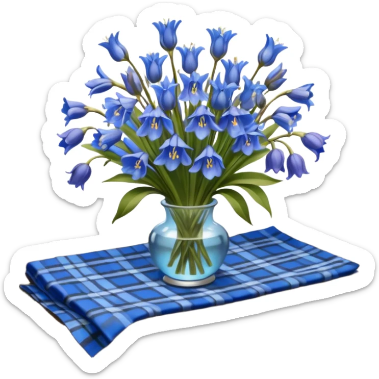 A lush bouquet of bright blue color bluebell black satin ribbon, resting on an antique wooden table, with a pale yellow and pink plaid pattern table cloth sticker