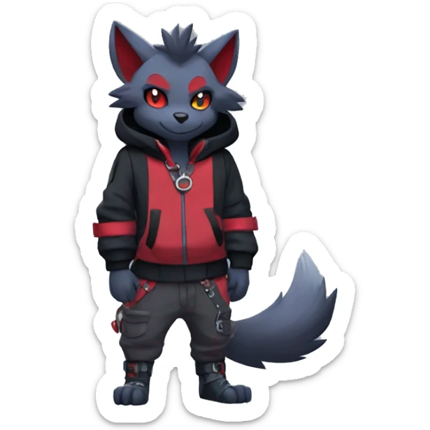 Cool Edgy Zorua-Zoroark-Mightyena with a collar and hoodie-sweater and harness full body sticker
