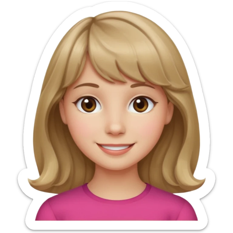 A girl with wavy, dark blonde hair, straight bangs, and straight eyes. She is smiling. sticker