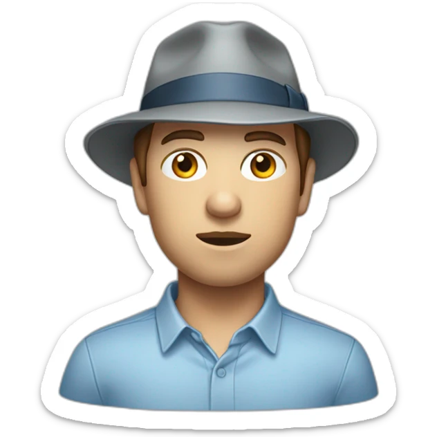 A TOK emoji of a bust of a man with light skin and short brown hair, wearing a light blue oxford shirt and a gray trilby hat with a flap on the back, looking concerned sticker