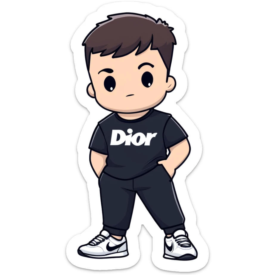 chico de pelo moreno, corte taper fade, flequillo a las cejas, camiseta Nike negra, pantalones Nike negros bajados, zapatillas Dior blancas sticker