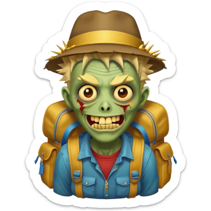 Zombie portrait with spikey hair, smirking with gold teeth, Astor’s hat, and a backpack sticker