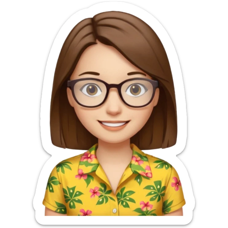 Hawaii female with white skin. Shoulder length straight brown hair. Brown eyes with glasses. Female wearing yellow Hawaiian print shirt. sticker