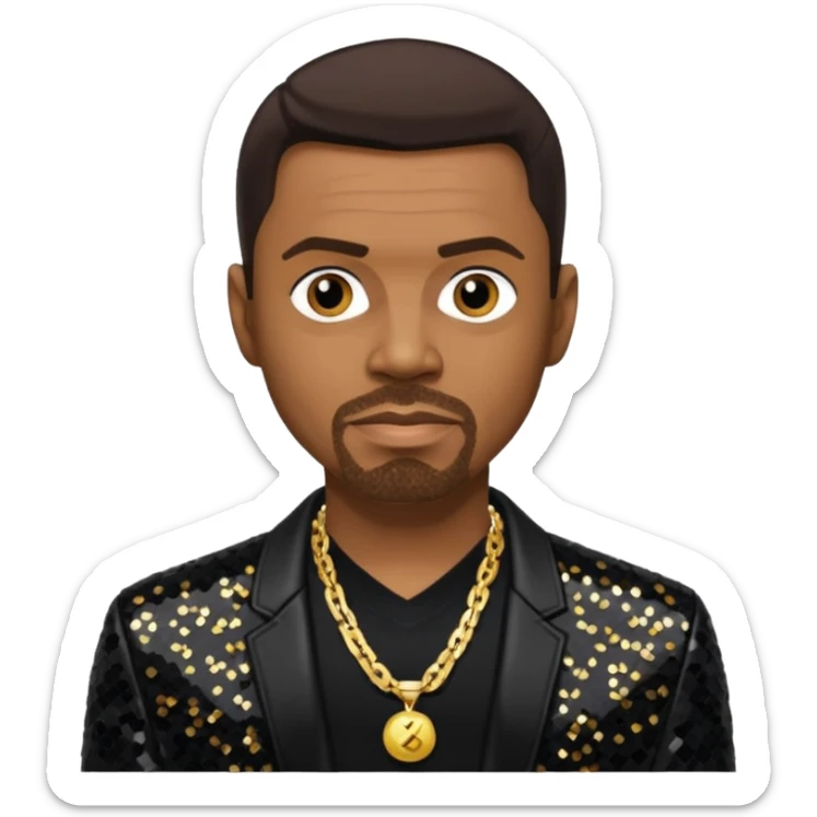 Keith Sweat (b.1961) with dark brown hair, black sequin jacket, black shirt with necklace sticker