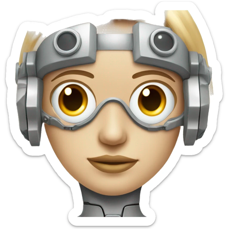 female cyborg head, fair skin, Brown long hair with blonde steaks, space age goggles and circuits sticker