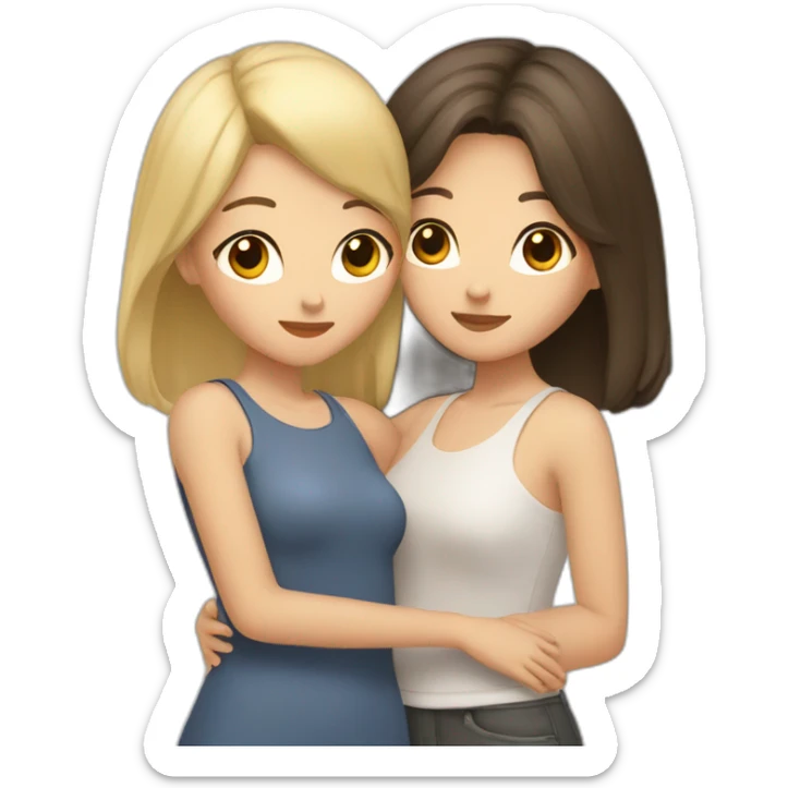 Two girls friends one blonde short hair, second girl is asian with long brown hair hugging each other sticker