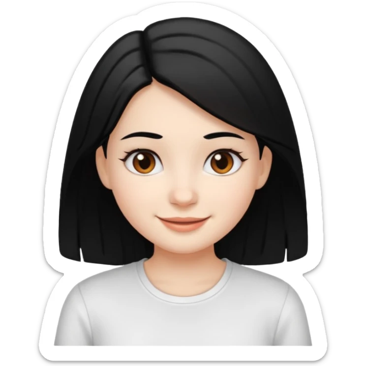 a girl with white skin, black hair, brown eyes, and a white shirt, smiling sticker