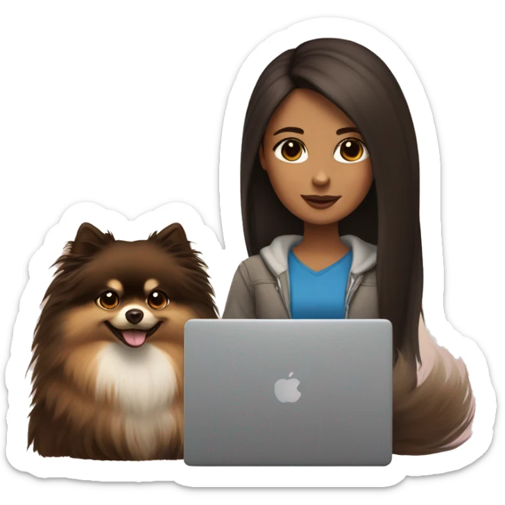 A girl with long dark brown hair, brown eyes in front of a laptop with a pomeranian next to her sticker