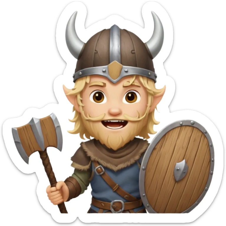 A young Viking warrior with messy hair, wooden shield, and fierce excited grin with horned helmet sticker