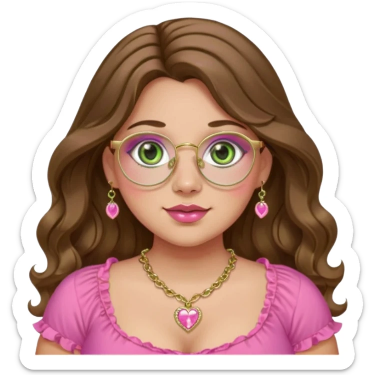Girl long wavy brown hair with middle part. green gold eyes, plus size, pink frilly top,  gold nose ring, small pink heart crystal necklace. Gold rimmed glasses sticker