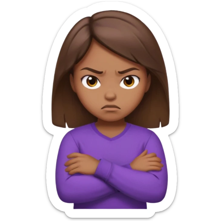 Girl with brown hair crossing arms in front of her chest and making an angry face with a purple longsleeve shirt on and be more pouty sticker