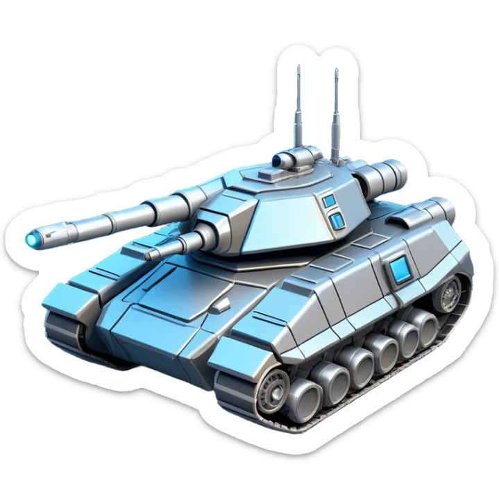 Clash of Clans aesthetic: Cinematic heroic Space Tank Emoji, rendered in a 3D vector-style similar to standard emojis with minimal shading and bold, simplified shapes. A robust, isometric armored vehicle with sleek futuristic plating and energy cannons, softly glowing with a high-tech cosmic combat charm. Simplified yet unmistakably iconic, highly detailed and consistent, glowing with a soft radiant shine and high gloss. Stylized with a touch of intergalactic warfare and a soft glowing outline, capturing the essence of a futuristic battle machine with a friendly, playful spirit! sticker