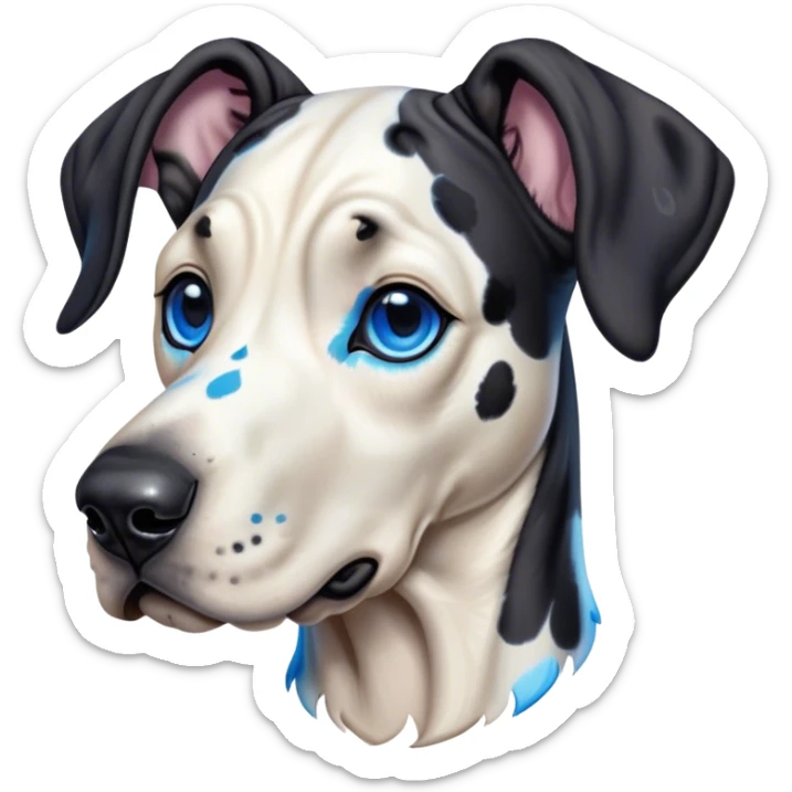 Cinematic Cute Harlequin Great Dane Portrait Emoji, Head tilted playfully and inquisitively, featuring a glossy coat of predominantly white with dynamic black patches, round, sparkling blue eyes filled with gentle curiosity, Simplified yet irresistibly adorable features, highly detailed, glowing with a warm, friendly glow, high shine, affectionate and gentle, stylized with a touch of whimsy, bright and endearing, soft glowing outline, capturing the essence of a mischievous yet loving pup, so playful it feels like it could lumber out of the screen and into your arms! sticker