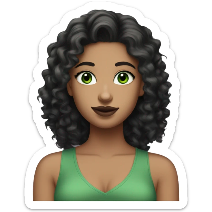 white 25-year-old pretty girl with very green eyes and black long curly/wavy hair, cute earrings, and green v-neck top, and mascara and mauve lipstick sticker