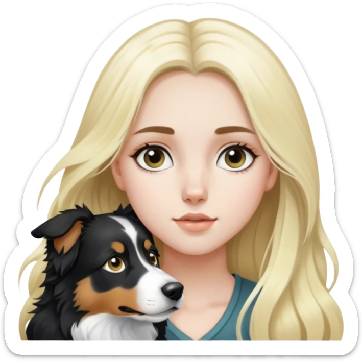 pale girl with light eyes and long blonde hair and black white Australian shepherd. sticker