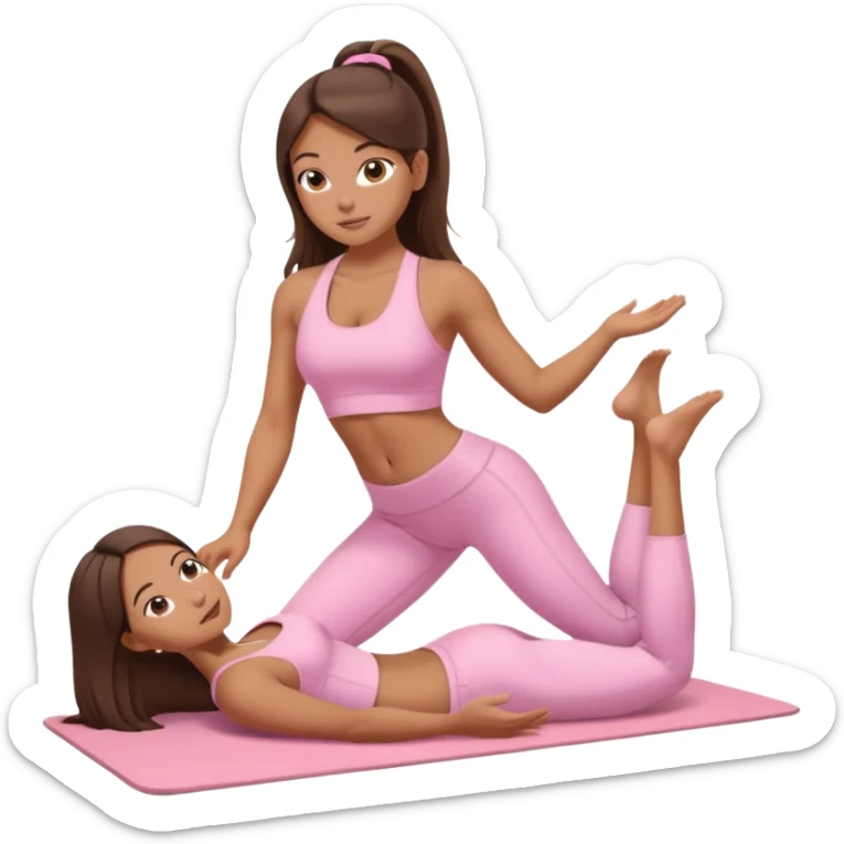 A tanned girl with long brunette hair in her 20’s doing Pilates wearing a ALO baby pink workout set  sticker