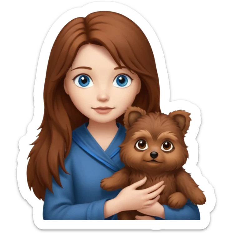 long hair chestnut color blue eyes woman holding small ewok dog sticker