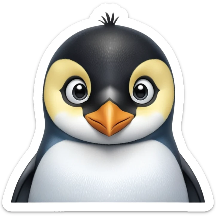 cinematic-cute-emperor-penguin-portrait-emoji,-head-tilted-playfully-and-inquisitively,-with-glossy,-pristine-plumage-accented-by-a-bright-beak-and-round,-sparkling-eyes-filled-with-curiosity,-simplified-yet-irresistibly-adorable-features zoomed into the face sticker