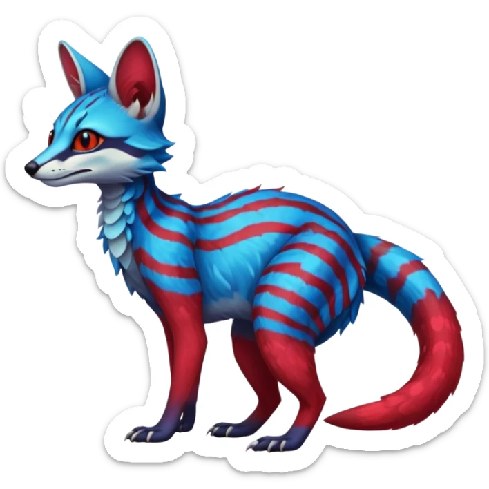Feral Rare Fantasy vibrant dark shady shaded detailed cyan-cobalt-blue-crimson-red-gradients-colored colorful Vernid-Sergal-Genet-Trico-species by LiLaiRa, random markings, tufted tail, tufted ears, full body sticker