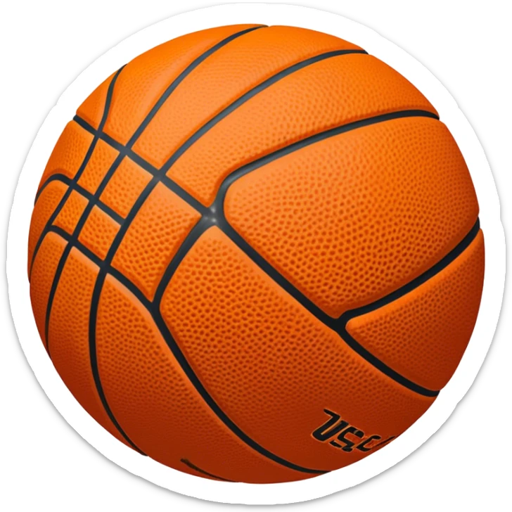 Cinematic Realistic image of a basketball rendered in vivid orange with a pebbled surface texture and crisp stitching details, set against a high-contrast backdrop that highlights its dynamic, sporty essence sticker
