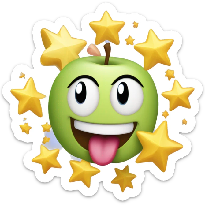 A classic apple emoji, tongue out and mouth wide open on a smile, dizzy eyes, and swirling stars around their head. Tilted 45 degrees sticker