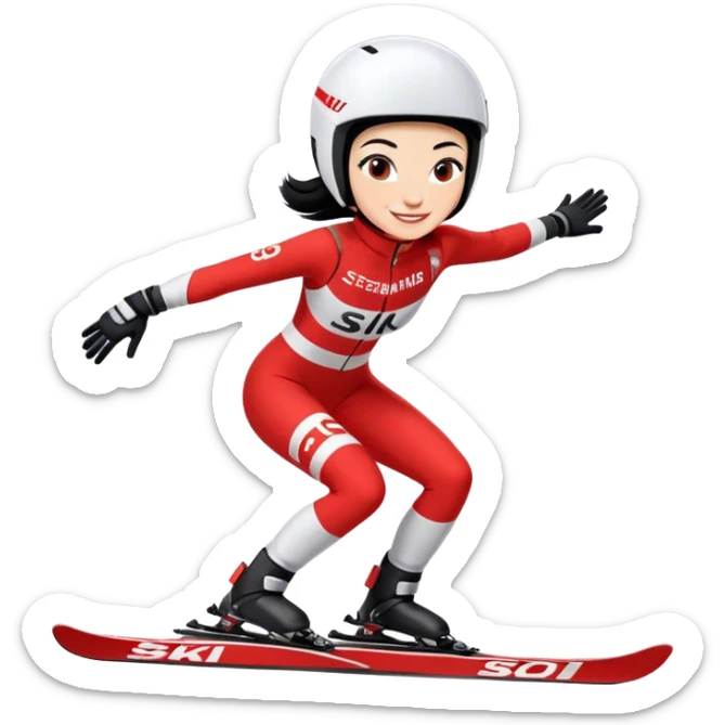 Ski racer downhill squat woman red white dress with the name Stephanie on the dress Ski Head lettering black hair smile sticker