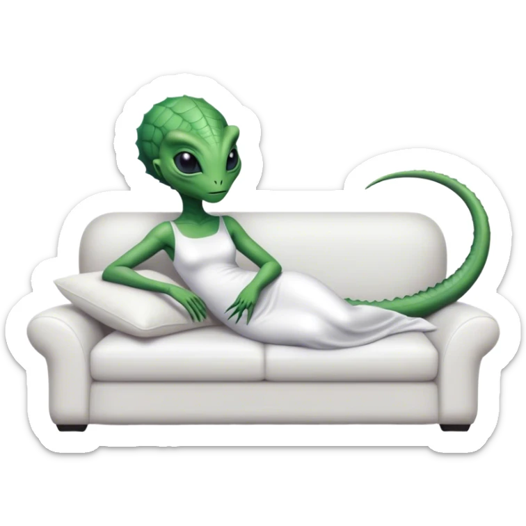 a reptilian alien woman, in white dress, lie on couch comfy, full figure sticker