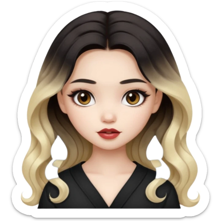 pale skin, girly bratz ASIAN vietnam baddie, beautiful dark brown eyes, pretty makeup, long black to blond ombré wavy hair sticker