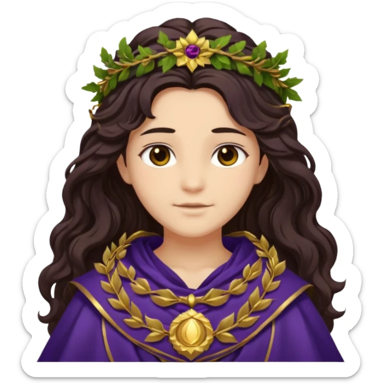 Libera from Olympus Gods with long dark brown wavy hair, dark purple stola sticker
