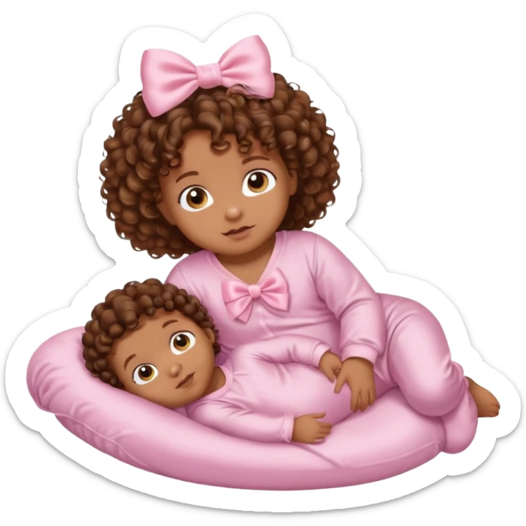 Brown skin 6 month old baby with brown curly hair down laying down with satin baby pink onesie and white bow sticker