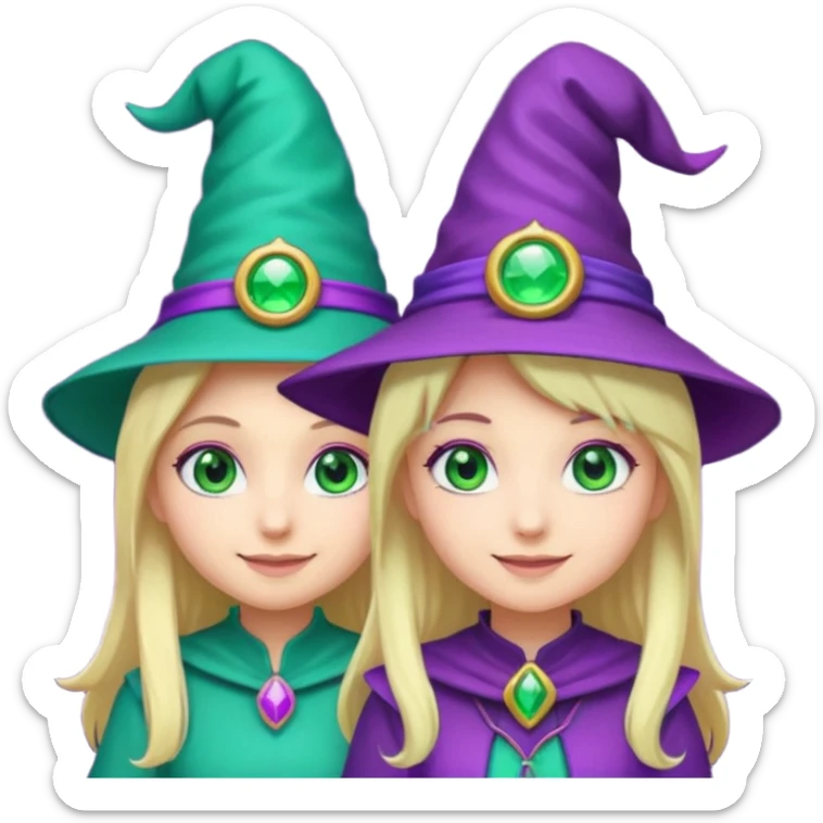 Make a blonde girl with green glowing headset on with teal eyes and a purple haired girl with green eyes waering a purple wit hes hat haveing fun , make them a chibi emoji page sticker