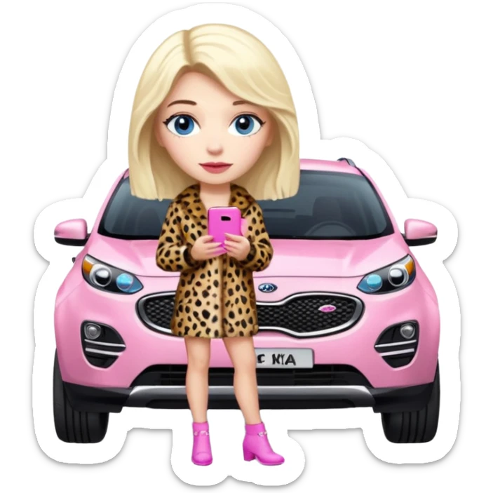 a blondie queen Arina in a leopard fur and pink iPhone 16 on her kia Sportage white car. blue eyes sticker