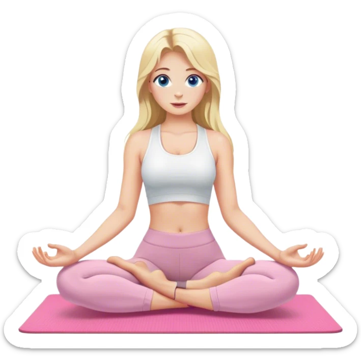 Cinematic realistic blonde with long hair and blue eyes, dressed in a white top and khaki leggings, does yoga on a pink mat sticker