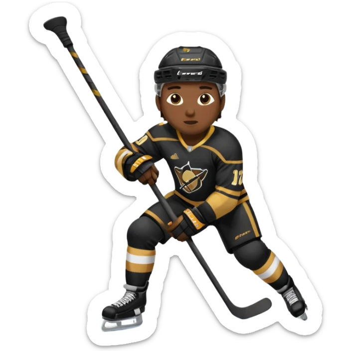 Back Shot Of Hockey Player Celebrating, sliding on one knee, with Left hand raised holding his stick by the middle of the shaft. Right Hand Touching the ice.
Black and Gold Jersey sticker