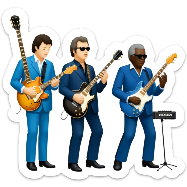 Icon for Blues Music: close-up collage of legendary blues artists. Gary Moore, Eric Clapton, B.B. King and Joe Cocker. Represented by silhouettes or symbolic items like guitars, microphones, or music notes, reflecting the soulful energy of blues music. Transparent background. sticker