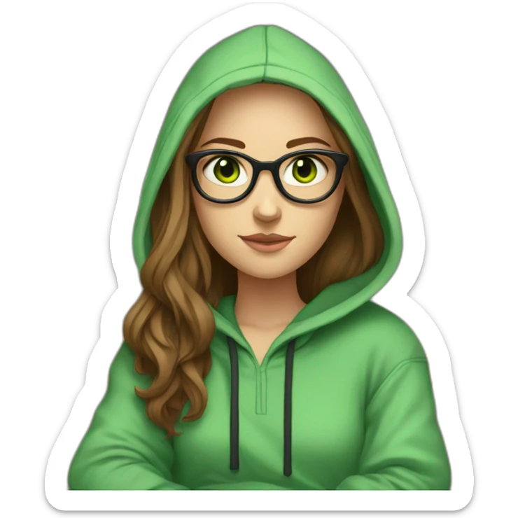 a white girl wearing glasses and a hoddie with green eyes and brown long hair sitting on a couch watching tv sticker