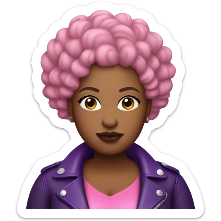 Plus size black woman with bald short pink curly hair and a purple leather biker jacket with makeup on face. sticker