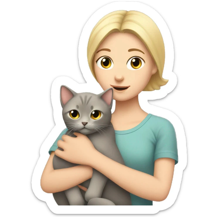 blonde girl with short hair holds a gray fold-eared cat in her arms sticker