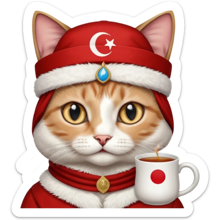 Arkasında Türk bayrağı olan  ve çay içen kafasına fes takan bir van kedisi sticker