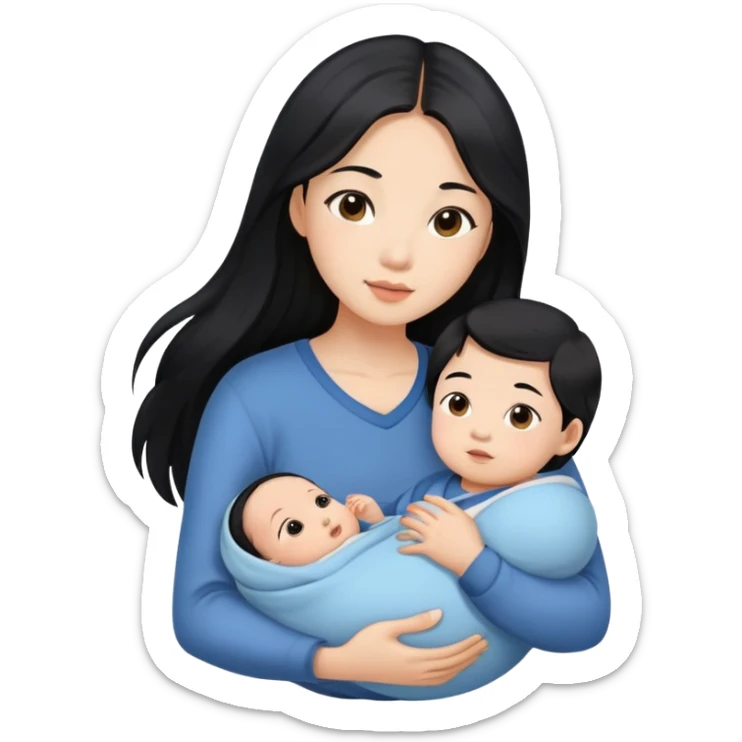 Beautiful Asian girl with long black hair and brown eyes holding baby boy in her arms sticker