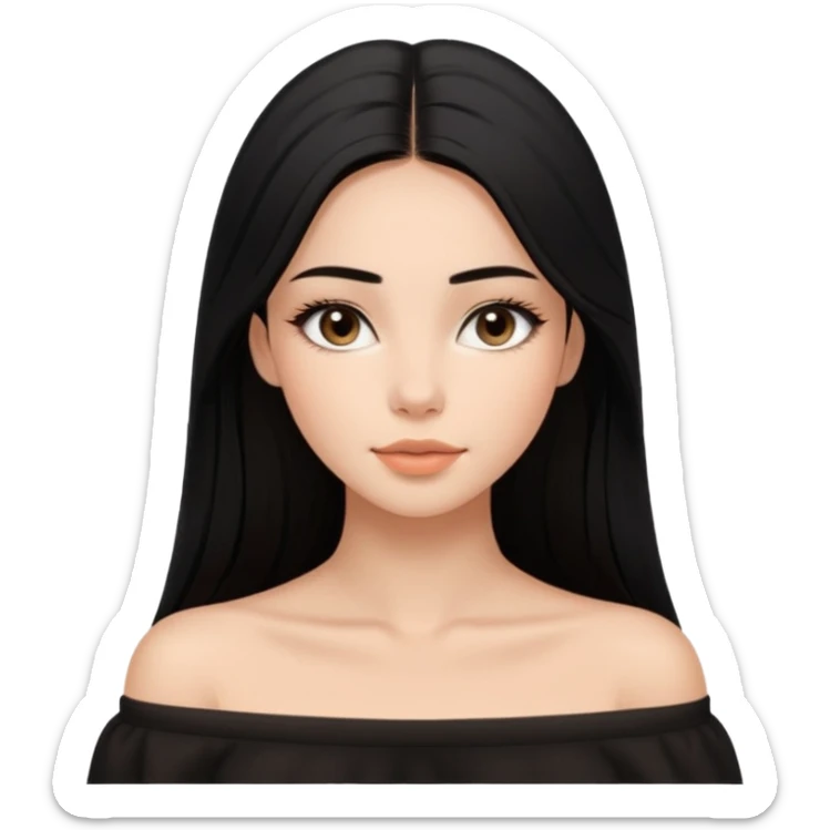 A realistic 3D avatar of a young woman with a soft oval face, slim cheeks, natural almond eyes, long straight black hair, minimal makeup, wearing a black off-shoulder top, elegant and aesthetic, tanned skintone. sticker
