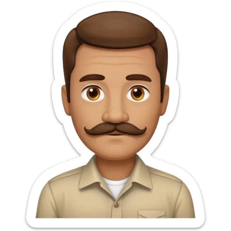 man with mustache, brown hair, 50 years old, shirt, high temple sticker