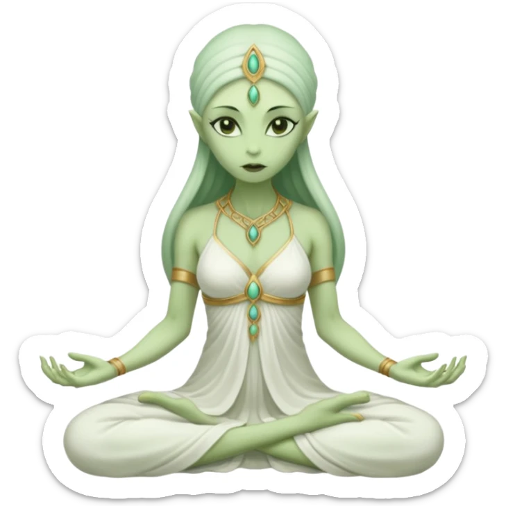 a Reptilian alien woman,in meditation, white dress like a priestess sticker
