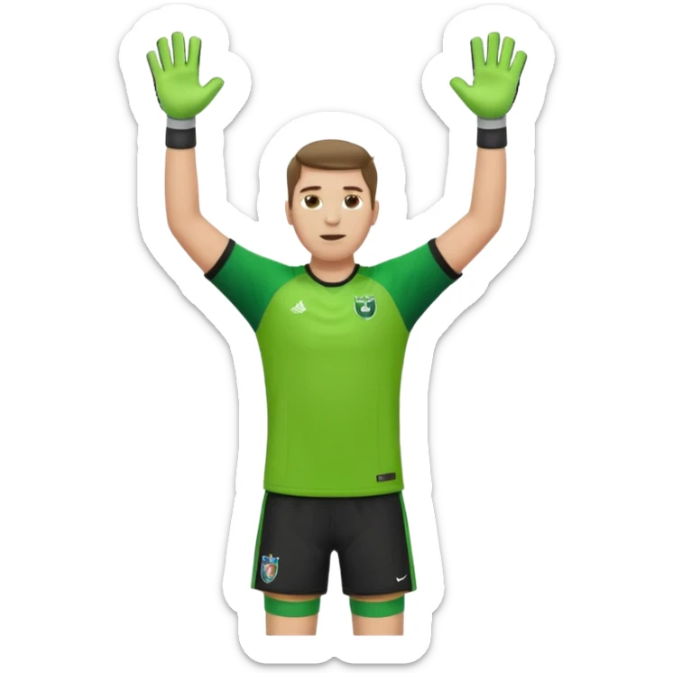 goalkeeper, standing, wearing a green shirt, shorts, socks and football boots, with arms raised sticker