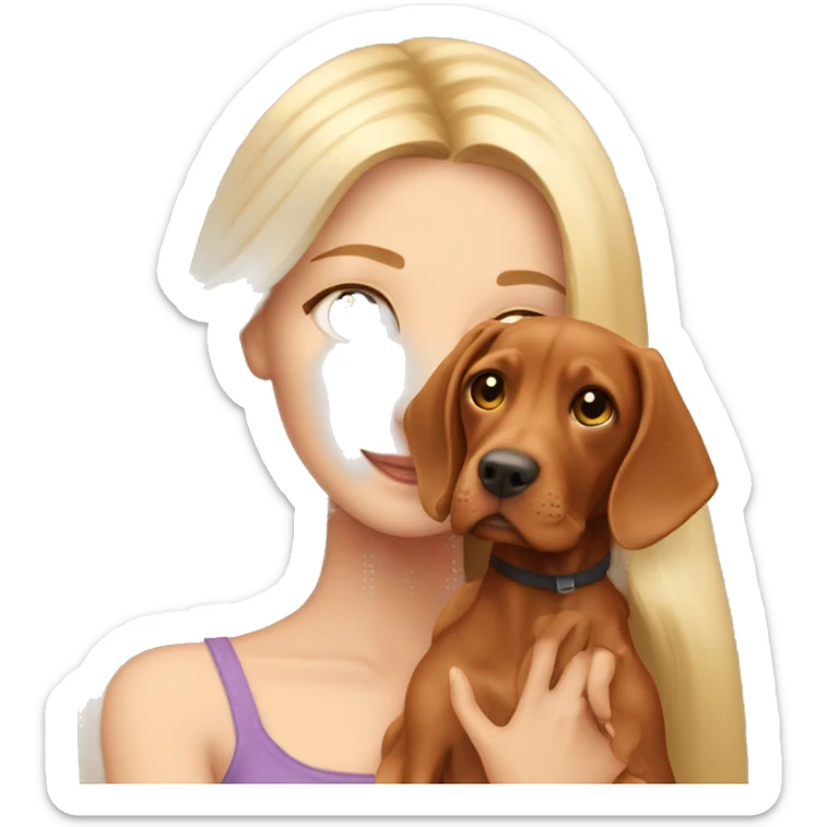 Pretty girl with long blonde hair holding cute vizsla dog sticker