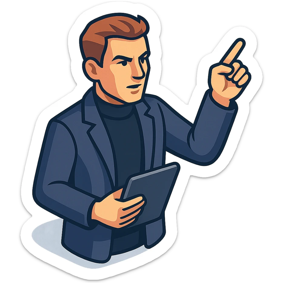 Bold and charismatic male leader, Caucasian, short auburn hair, sharp eyes, wearing indigo coat over black turtleneck, one arm raised giving direction, holding a tablet, waist-up sticker