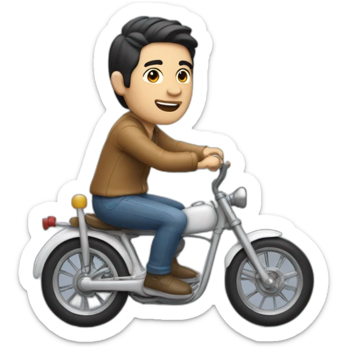 white skin men with short black hair riding a funny and miniature toy bike sticker