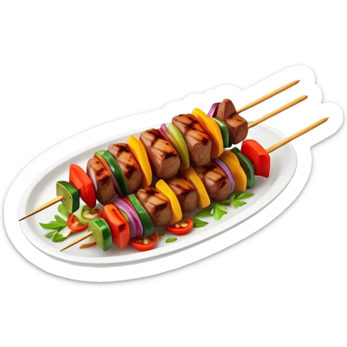Cinematic Realistic Shish Kebab Dish Emoji, showcasing skewered, grilled meat with vibrant vegetables rendered with dynamic textures and warm, inviting lighting. sticker